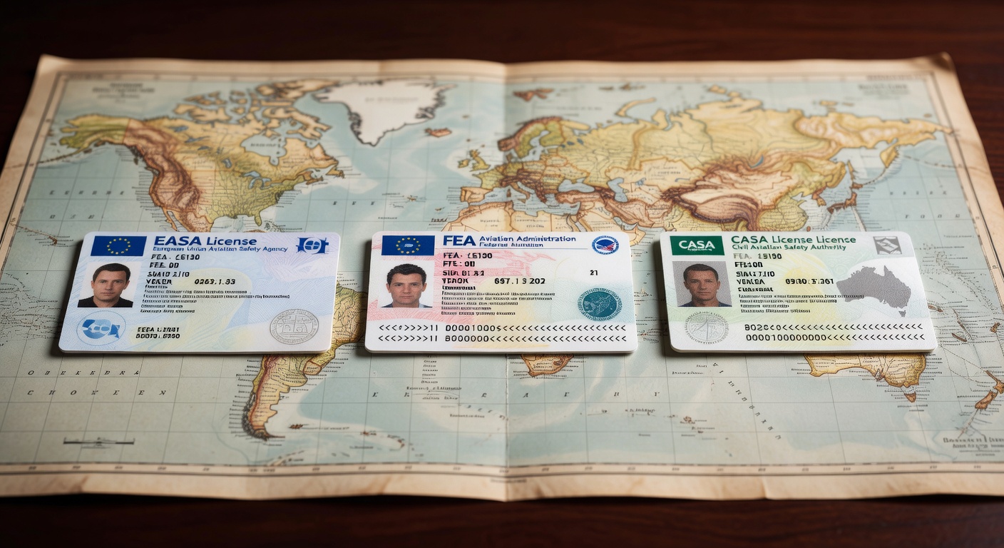 International pilot credentials comparison showing EASA, FAA, and CASA license documents side by side on desk with world