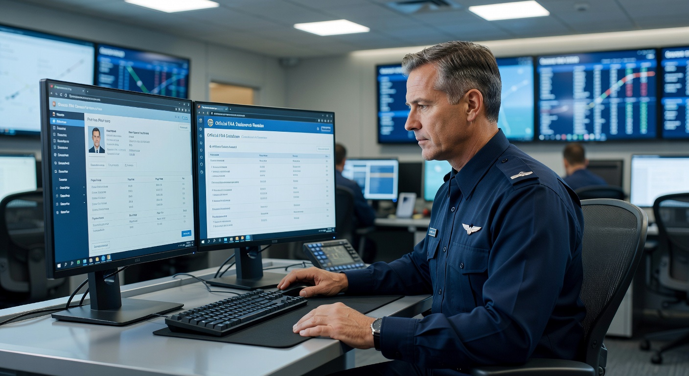 Professional aviation safety officer reviewing pilot credentials on computer screen in modern flight operations center,